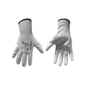 GEKO G73542 Ochranné rukavice bílé z pletené bavlny, polomáčené v PU, velikost 9" Pracovní rukavice