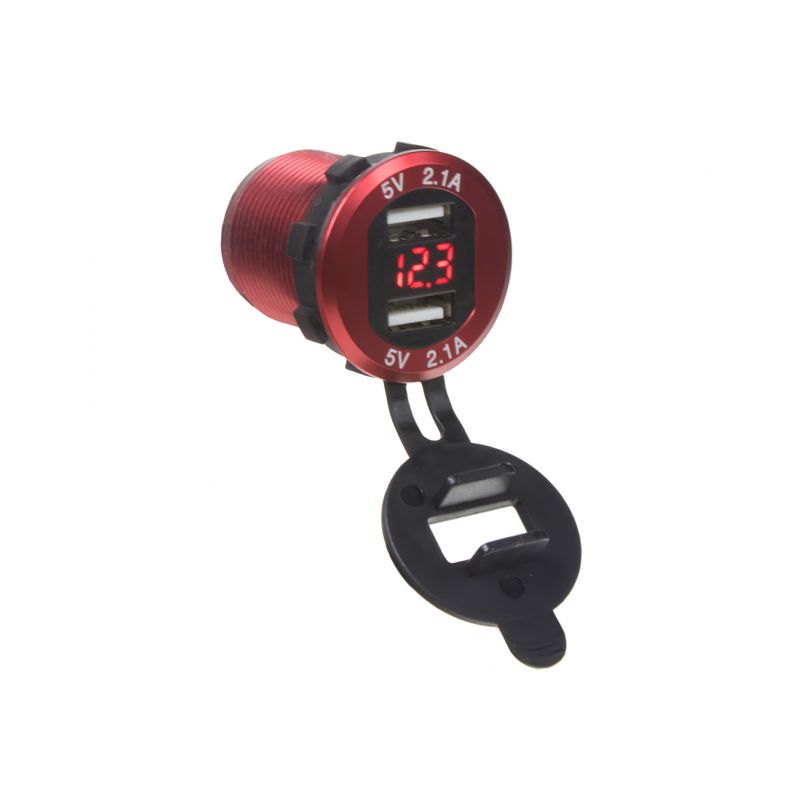 34565R 2x USB nabíječka s voltmetrem, hliníková do panelu, červená