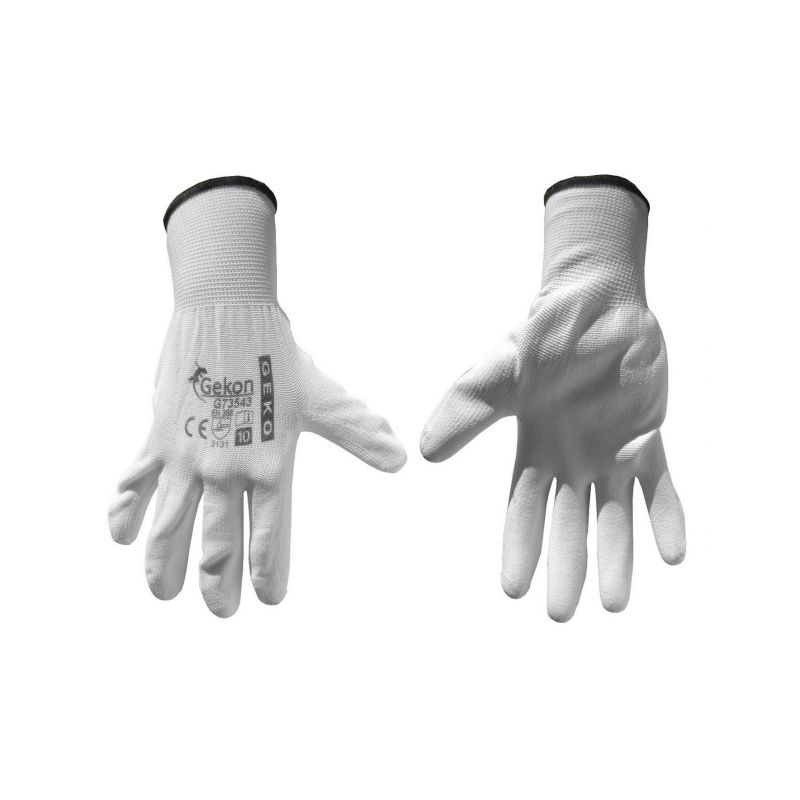 GEKO G73543 Ochranné rukavice bílé z pletené bavlny, polomáčené v PU, velikost 10"