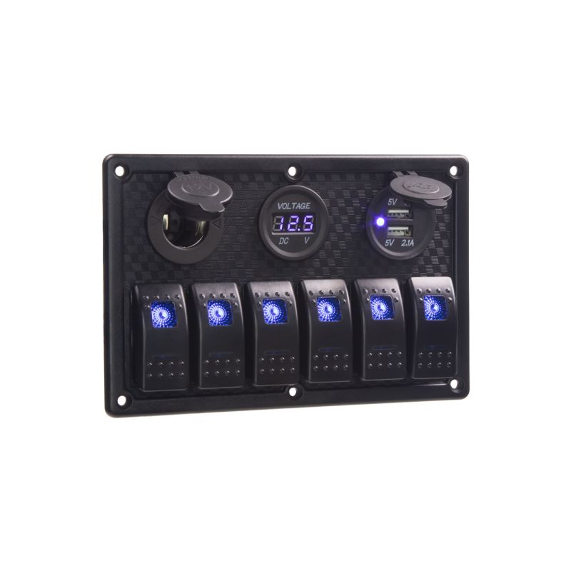 47159 Panel s 6x spínači Rocker, voltmetr, CL + USB zásuvka, 12/24V