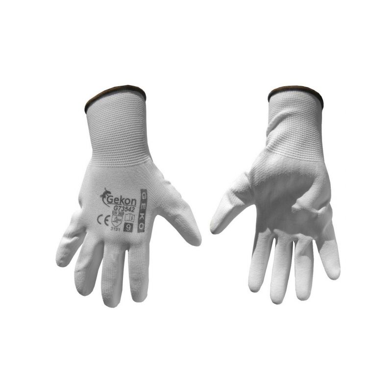 GEKO G73542 Ochranné rukavice bílé z pletené bavlny, polomáčené v PU, velikost 9"